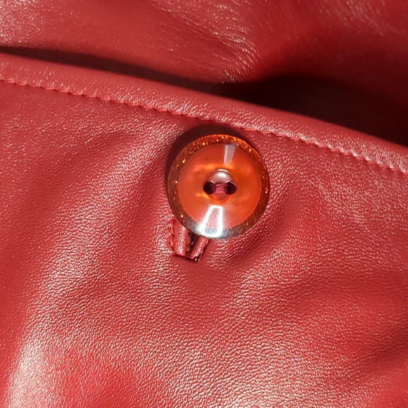 ELENA by FERME* red leather trench button front 2pkt white accent stitching sz M - Picture 7 of 17